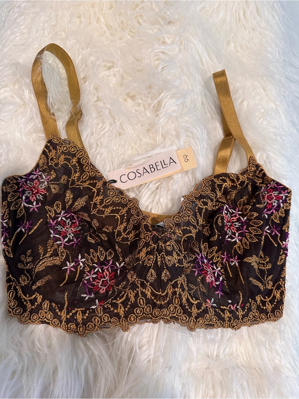 NWT Cosabella Ushuaya 32F Bra M/L Thong Lingerie Set Copper Italian Lace - Picture 5 of 13